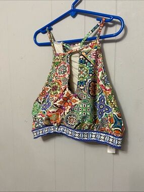 Boho Nanette Lepore Multicolor Mosaic Halter swim top size Large Bohemian